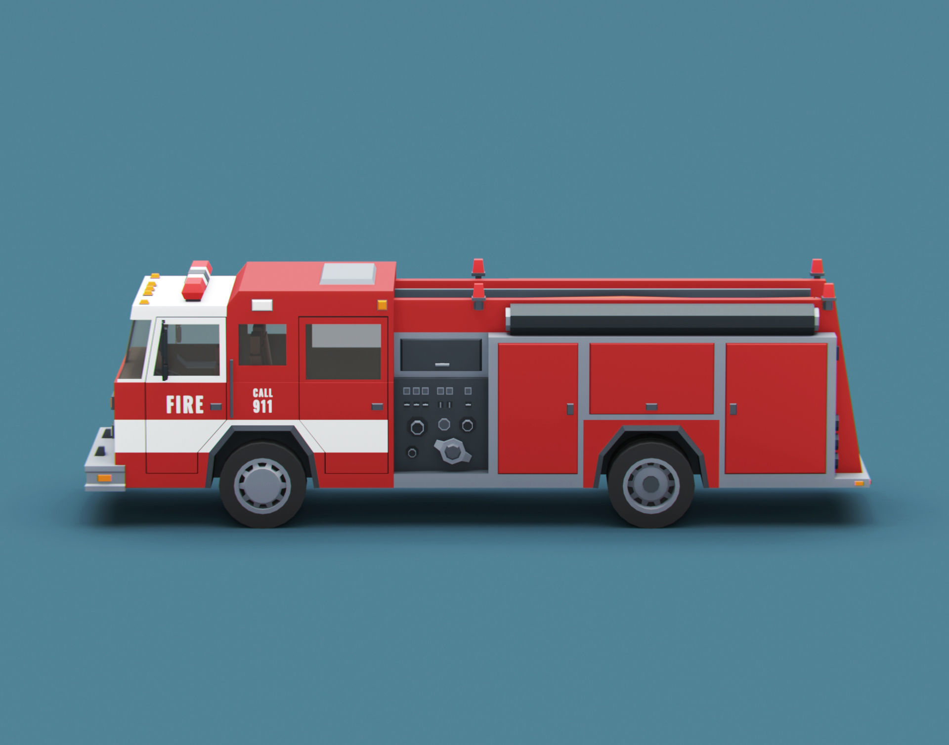 Cartoon Stylized American Fire Truck Low-poly 3D model_3
