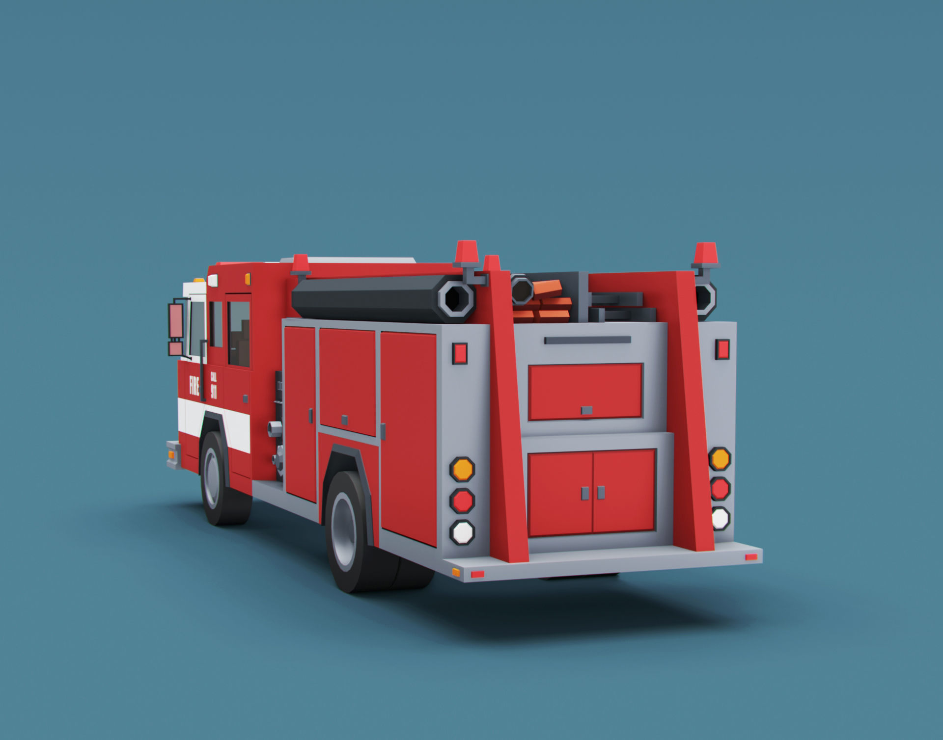 Cartoon Stylized American Fire Truck Low-poly 3D model_5