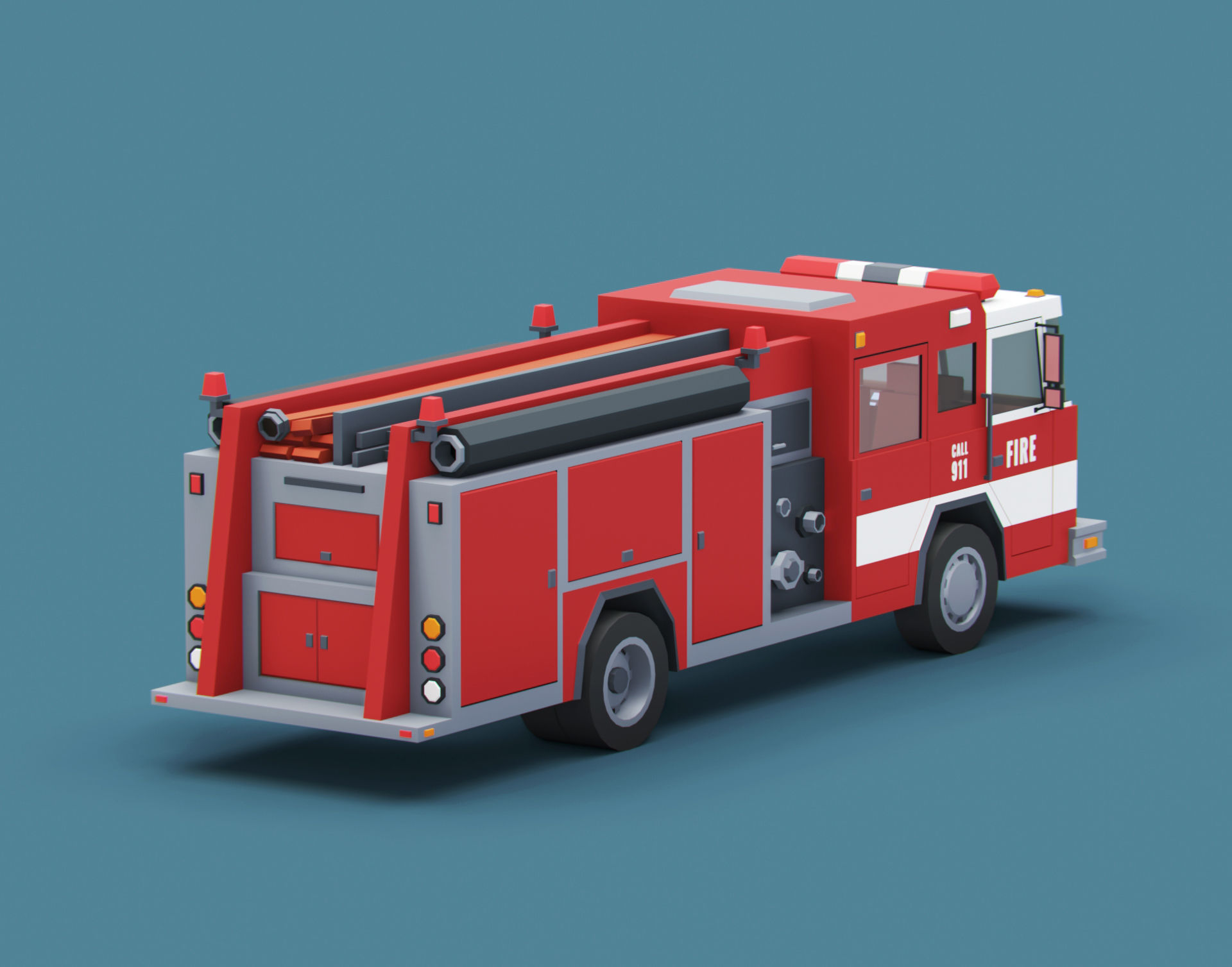 Cartoon Stylized American Fire Truck Low-poly 3D model_1