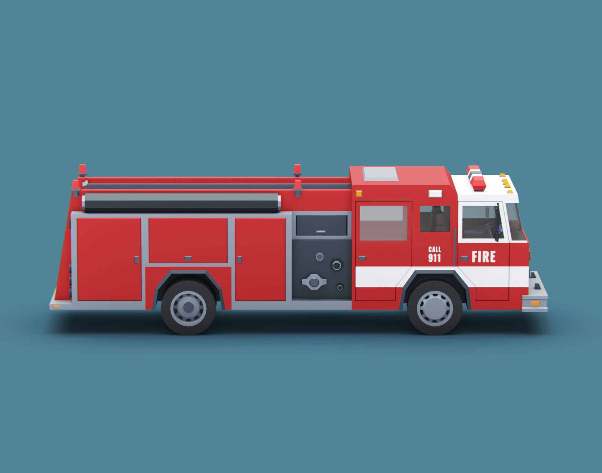 Cartoon Stylized American Fire Truck Low-poly 3D model_7