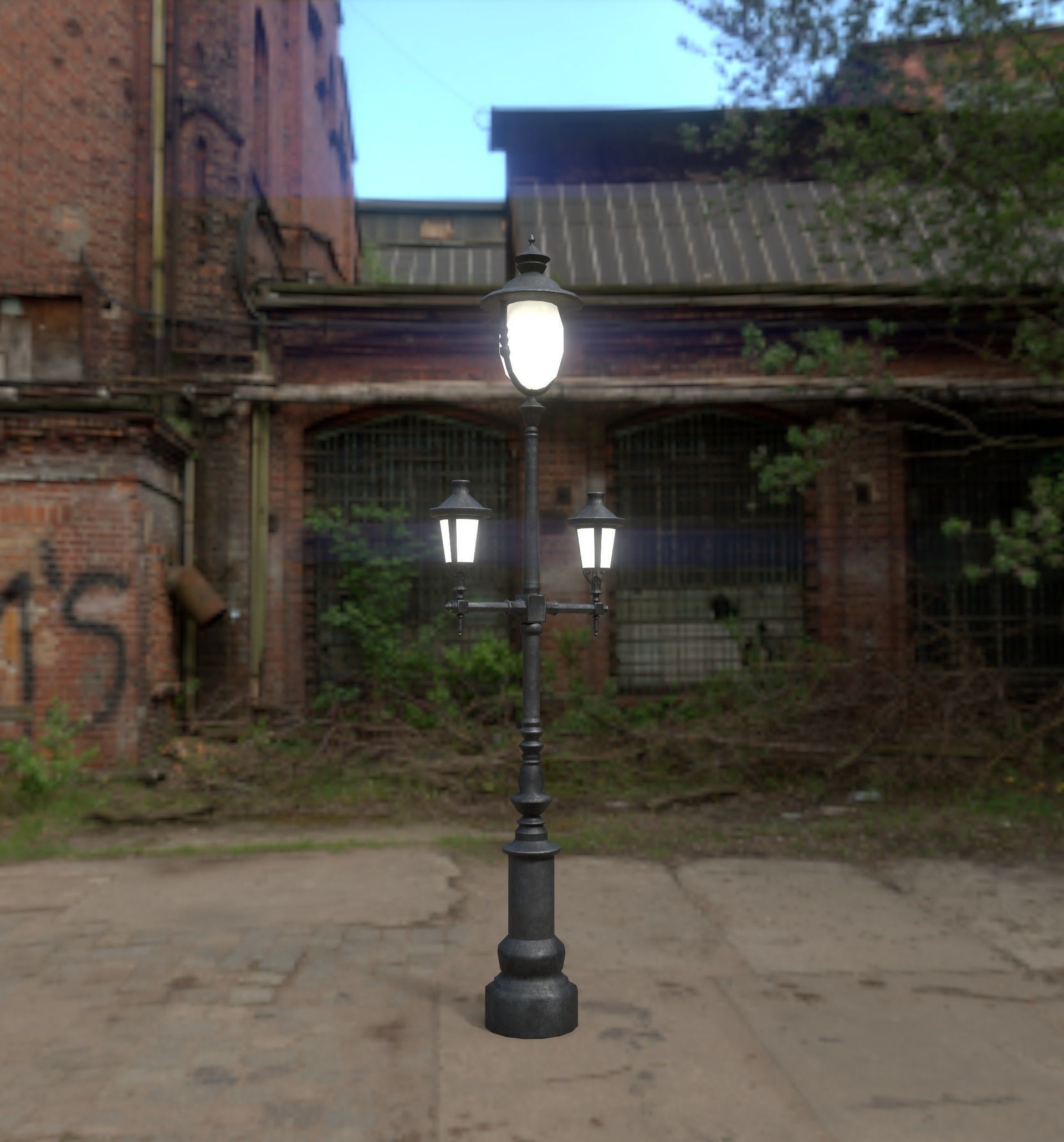 Triple Lamp Post 2 Low-poly 3D model_4