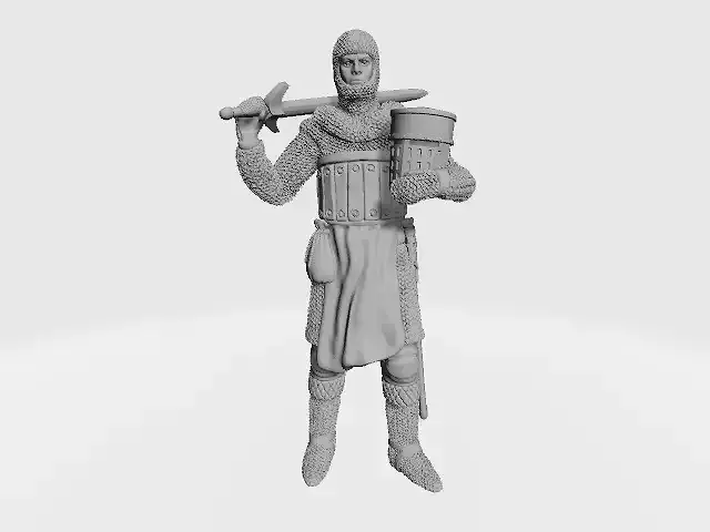 Medieval knight standing with sword on shoulder