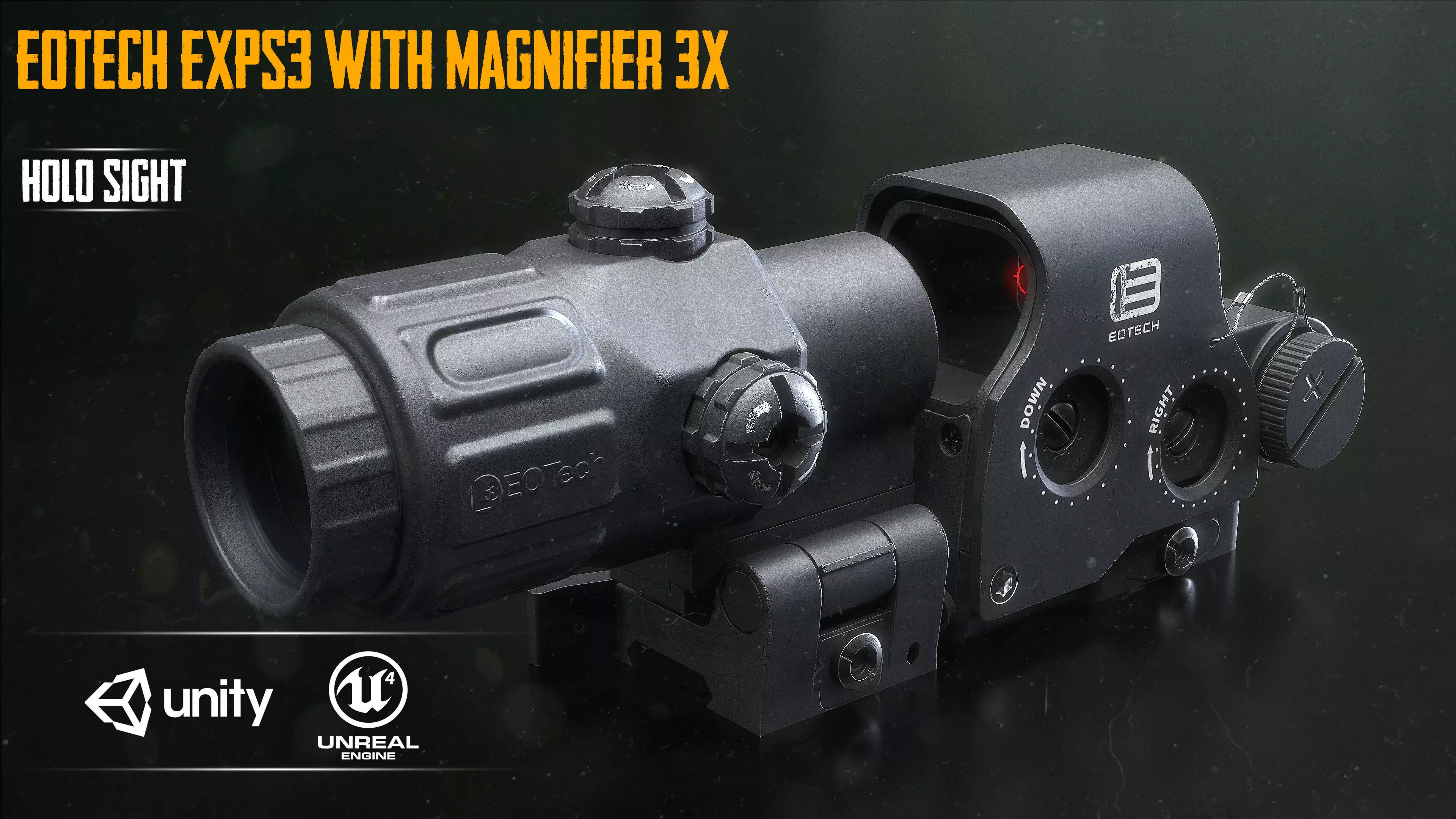 EOTech EXPS3 With Magnifier 3x Low-poly 3D model_0