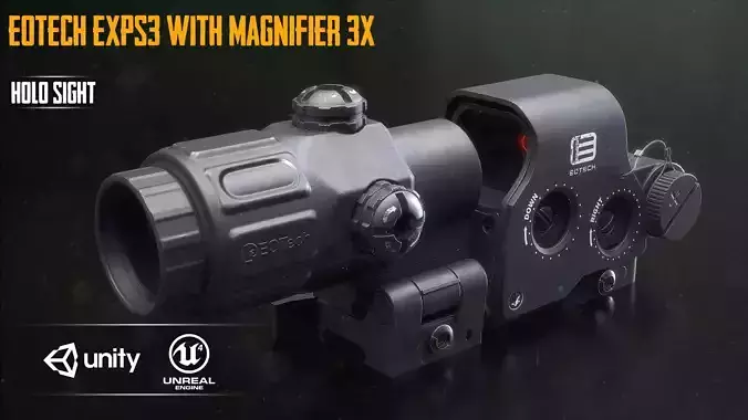 EOTech EXPS3 With Magnifier 3x Low-poly 3D model