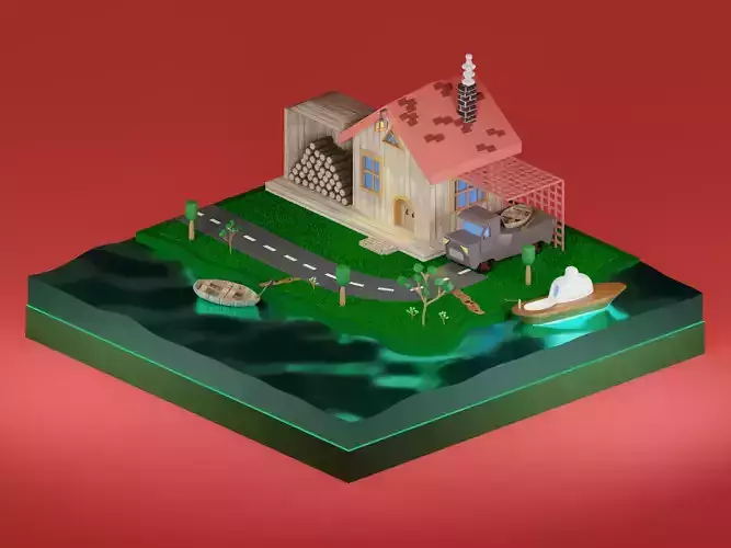 Low Poly houses house on island with boat