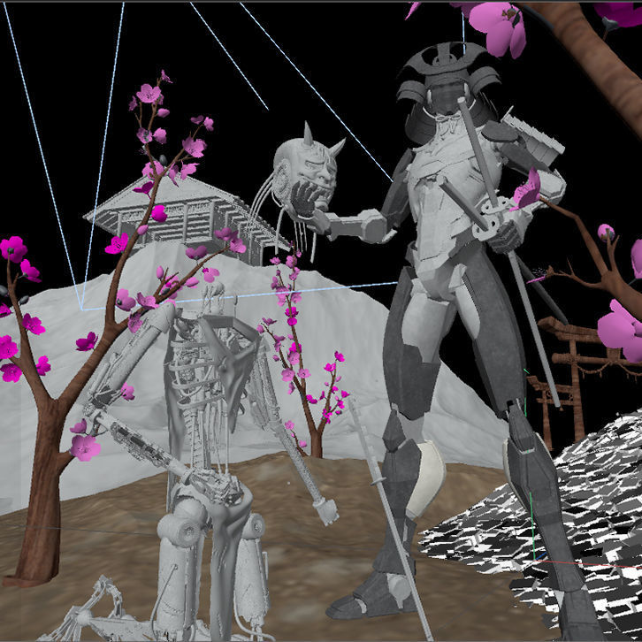 CyberRonin two skeletons in field with flowers 3D model_2