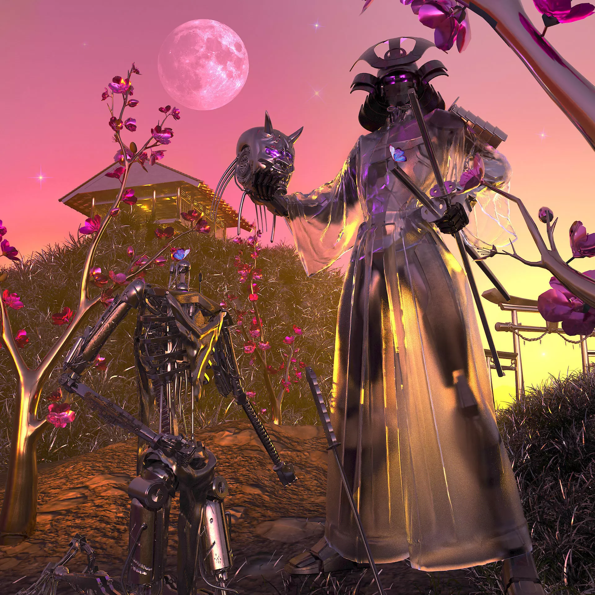 CyberRonin two skeletons in field with flowers 3D model_0