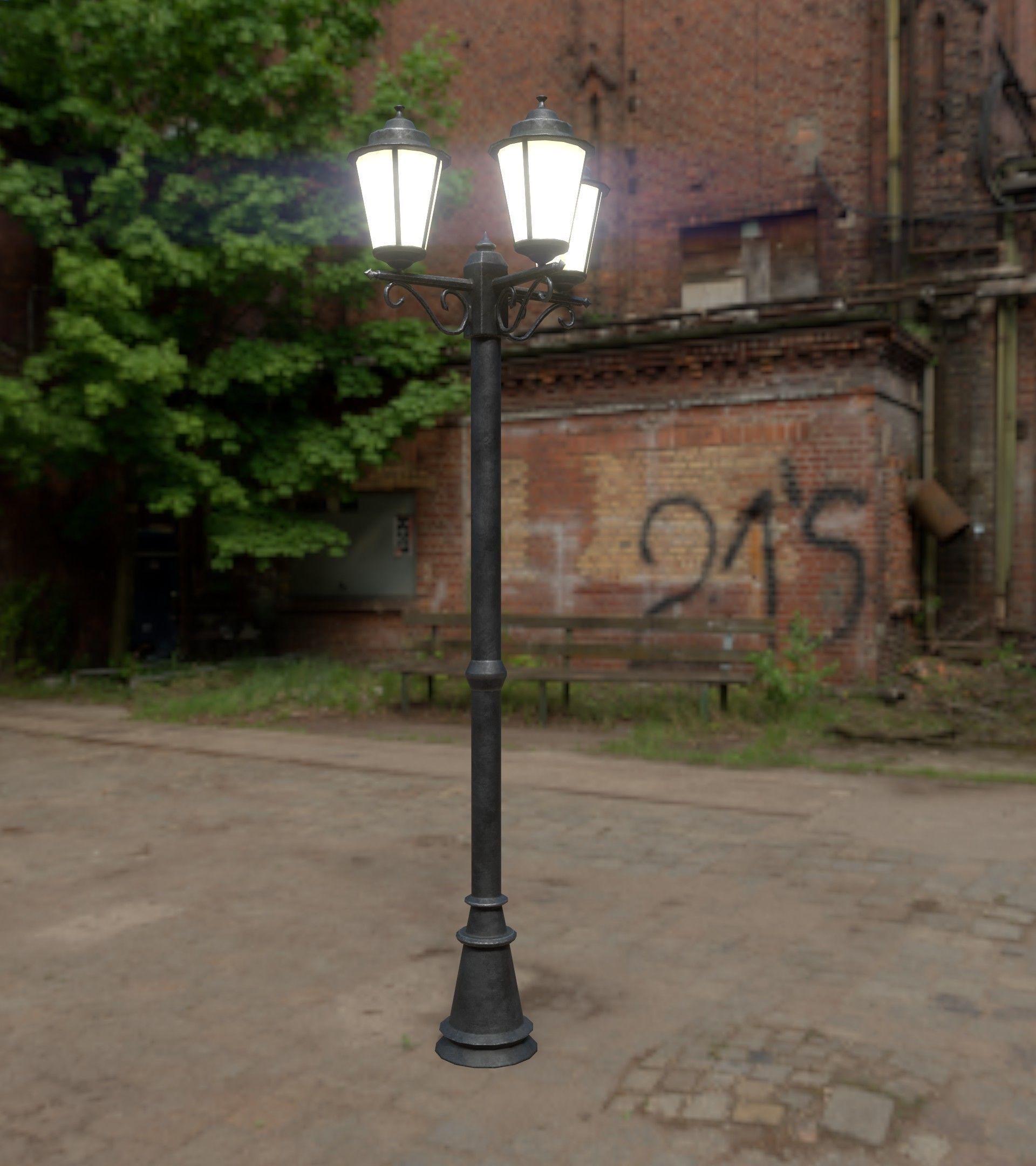 Triple Lamp Post 1 Low-poly 3D model_5