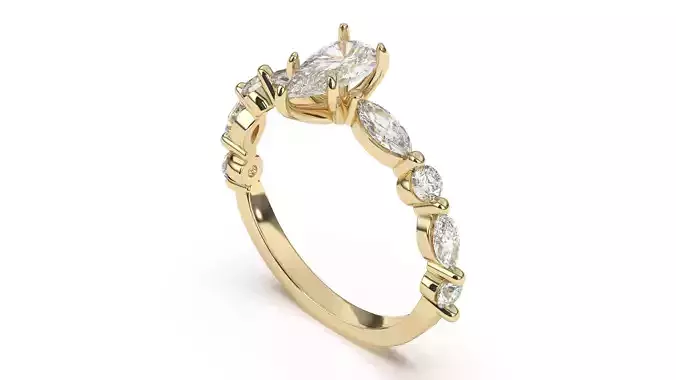 Pear Gold Engagement Ring  With Roung and Marquise Diamonds 3D print model