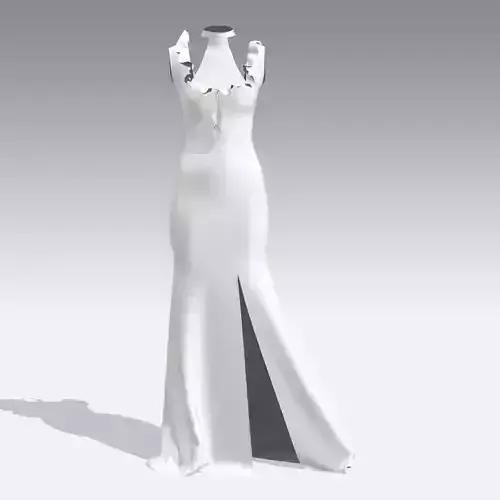 WHITE DRESS LONG SLIT RUFFLED  DRESS FASHION