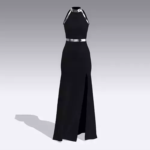 DRESS BLACK METALIC STRAP BELT SLIT LONG DRESS MATTE