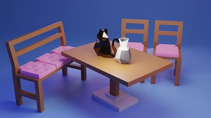 Low poly patio set with cat statue Low-poly 3D model