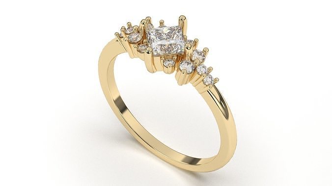 Princess Gold Engagement Ring  With Roung Diamonds 3D print model