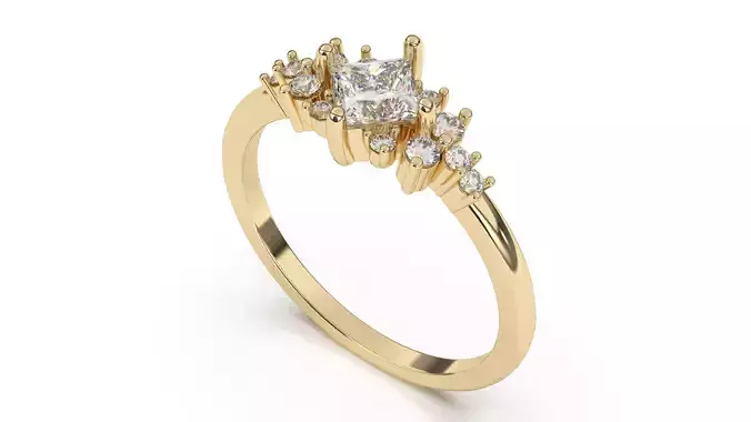 Princess Gold Engagement Ring  With Roung Diamonds 3D print model