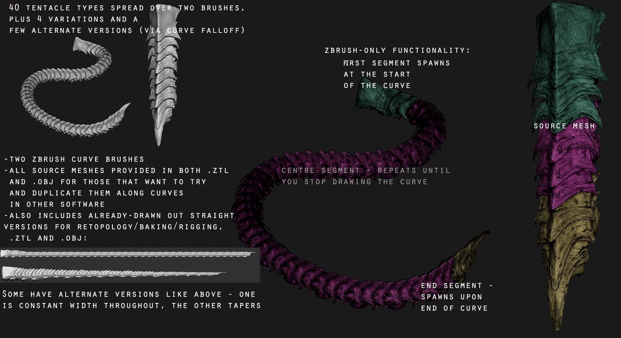 TENTACLES - 40 types in ZBrush brushes and OBJs 3D model_3