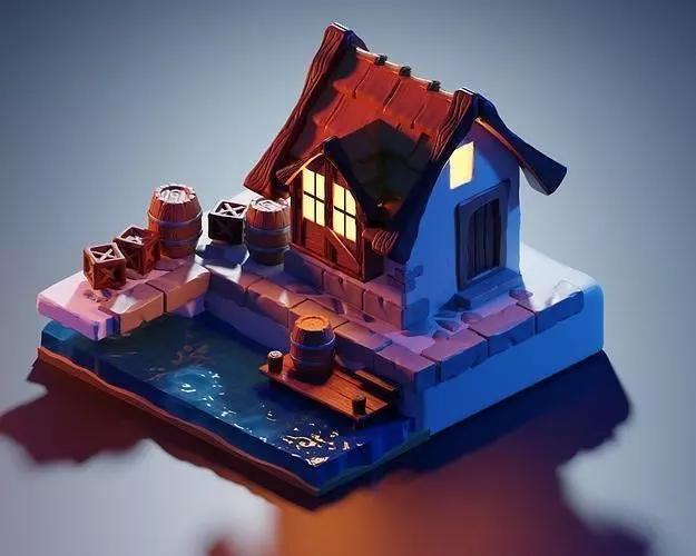 low poly Gameasset2 lego house with barrels 3D model_0