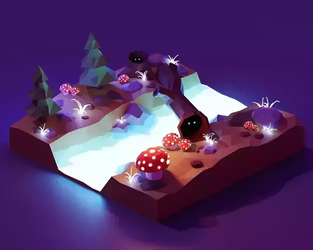 low poly Gameasset1 forest with trees and mushrooms Low-poly 3D model