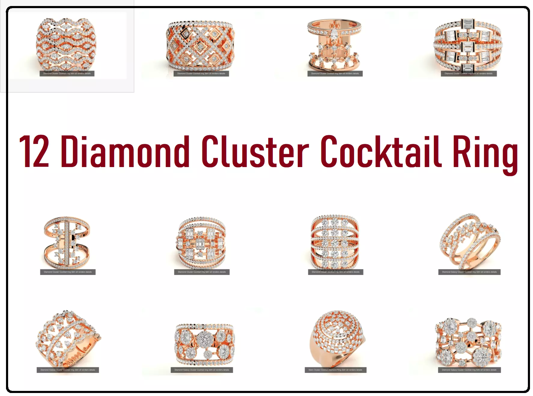 12 Diamond Cluster Cocktail ring 3dm stl renders details 3D Model Collection_0