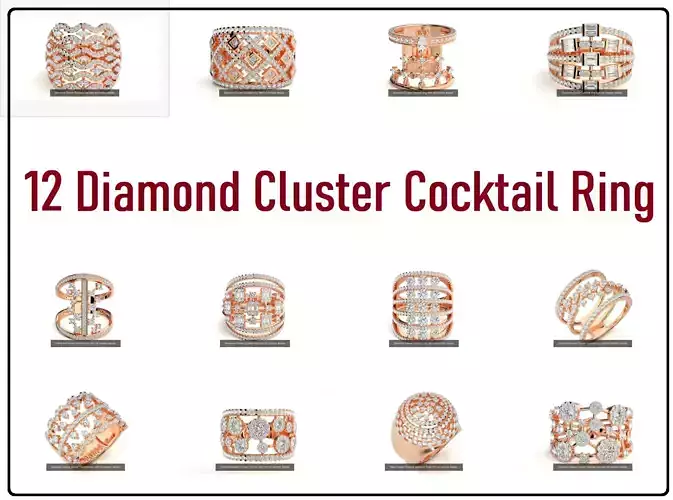 12 Diamond Cluster Cocktail ring 3dm stl renders details 3D Model Collection