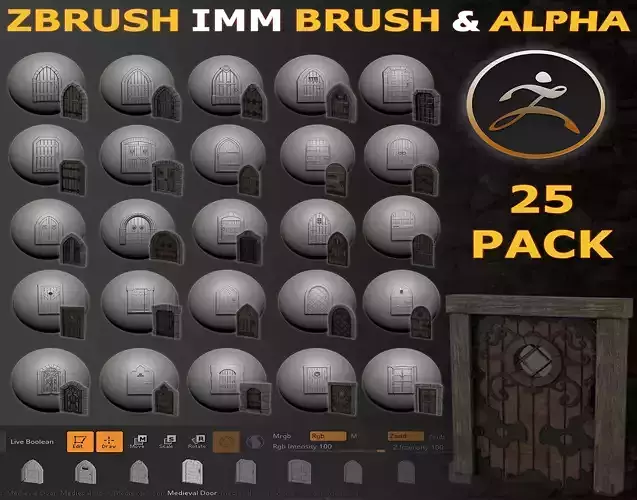 Zbrush Massive Medieval Door IMM and Alpha 50 Brushes  Low-poly 3D model