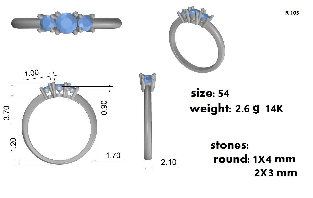 3 stones Diamonds Engagement Ring 3D print model_1