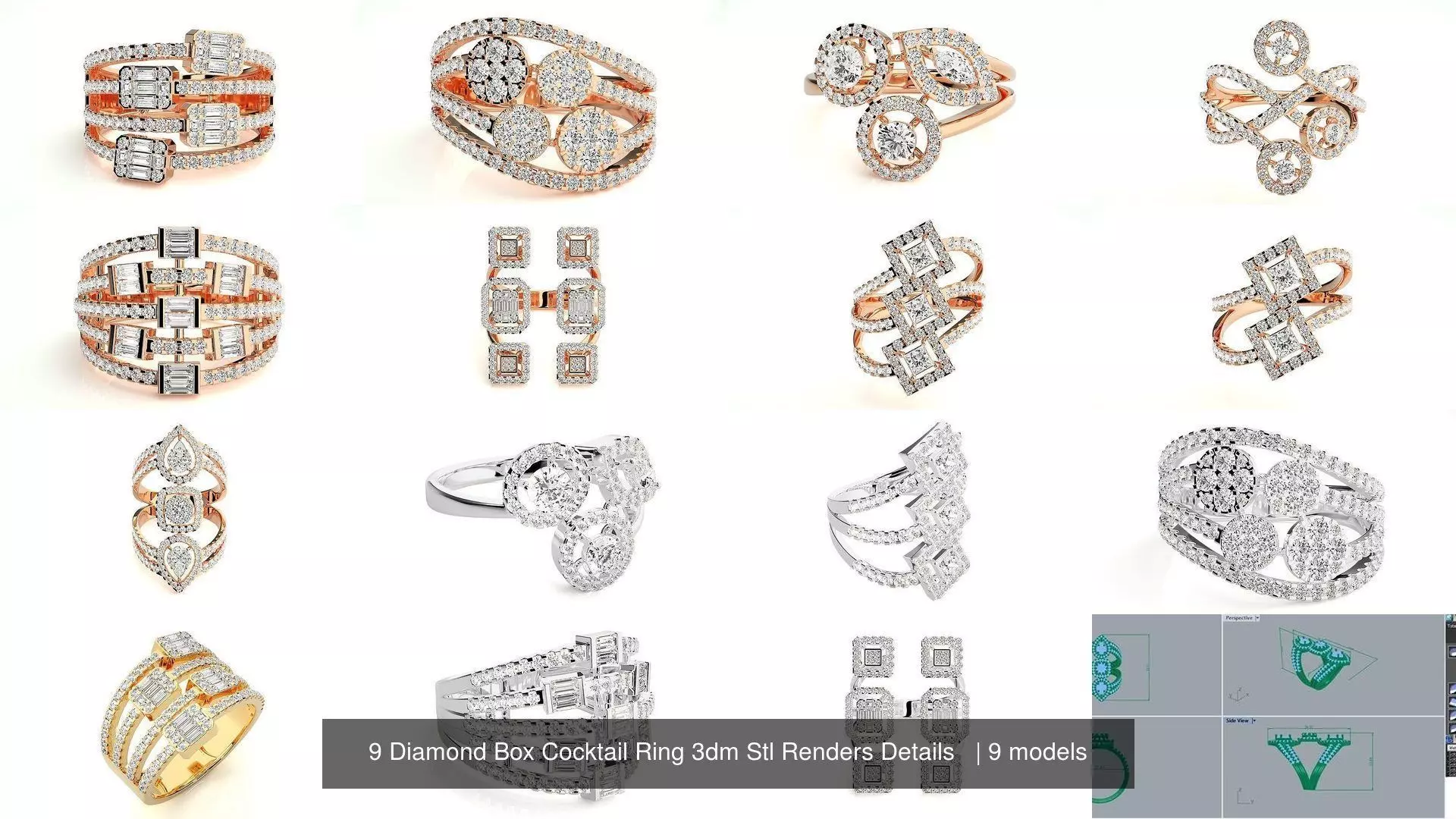 9 Diamond Box Cocktail Ring 3dm Stl Renders Details   3D Model Collection_1