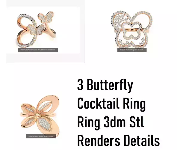 3 Butterfly Cocktail Ring 3dm stl renders details 
