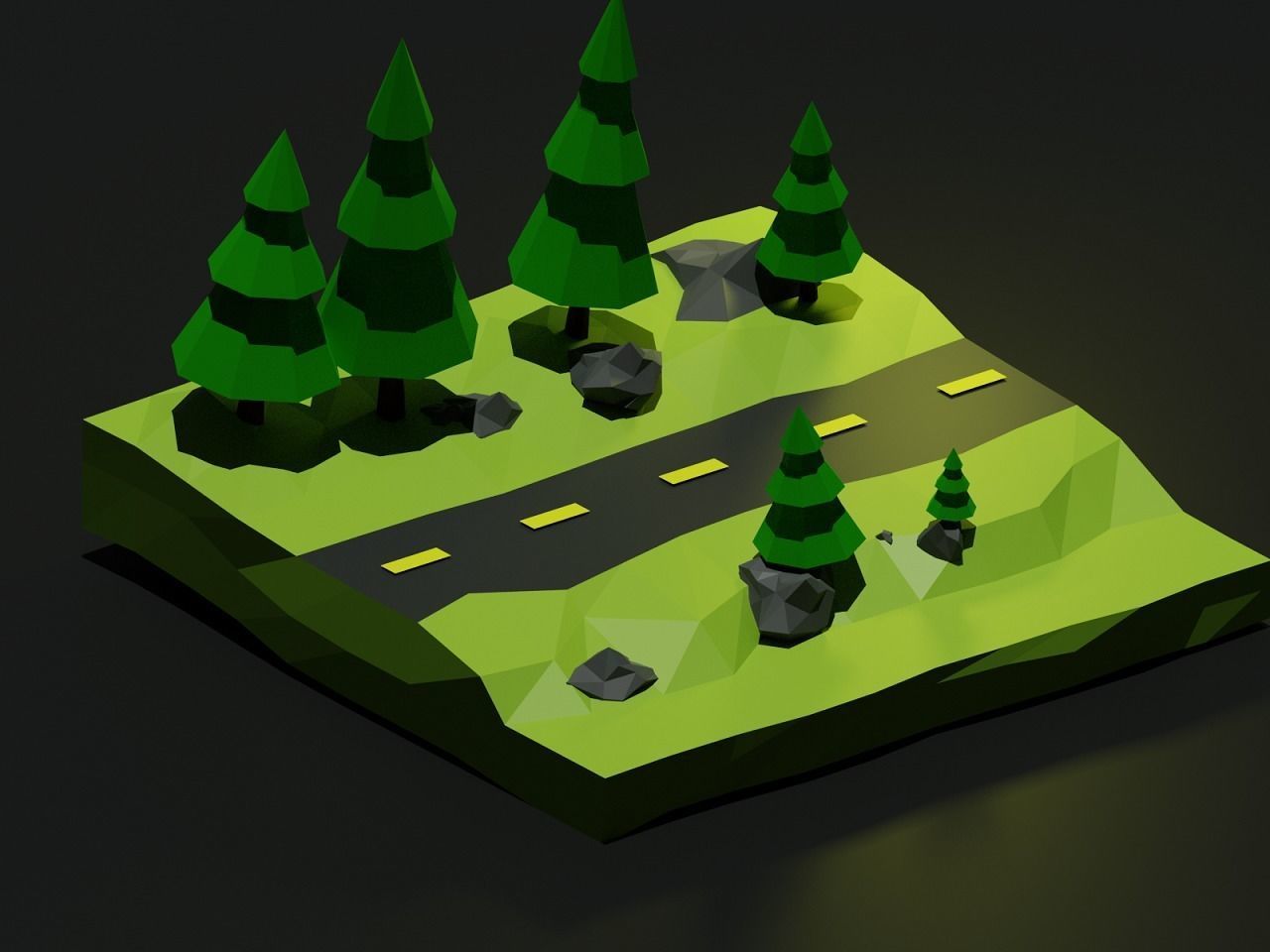 Low poly road  with trees and water Low-poly 3D model_1