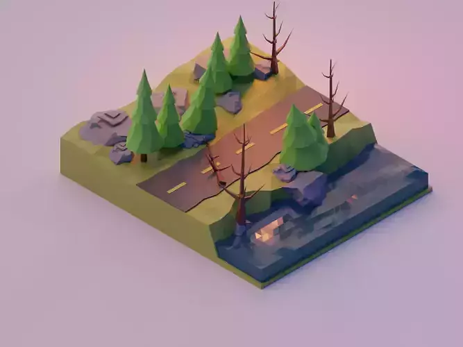 Low poly road  with trees and water Low-poly 3D model