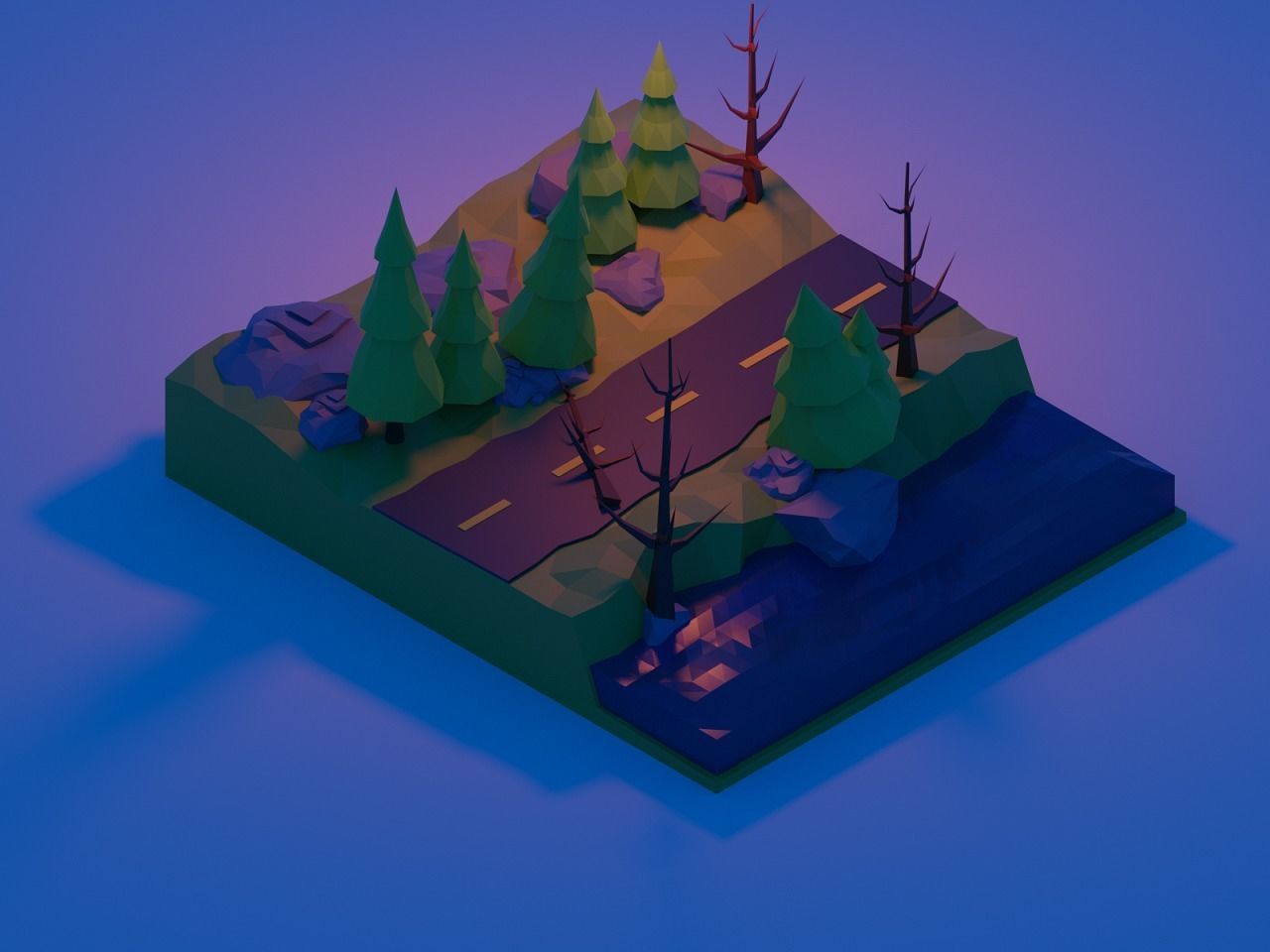 Low poly road  with trees and water Low-poly 3D model_2