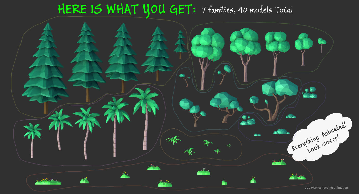 Animated Trees and Plants Low Poly Style Low-poly 3D model_2
