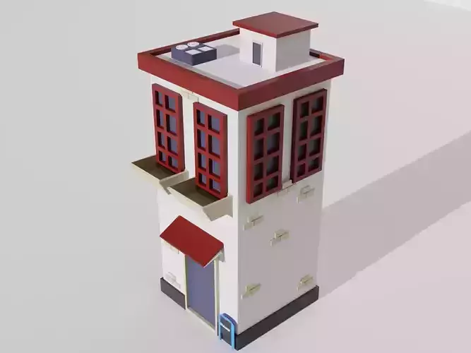 Low poly building toy house with windows and doors