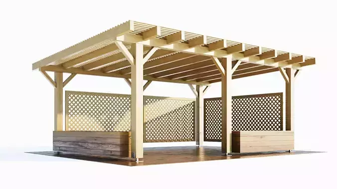 Wooden gazebo with boxes for greenery