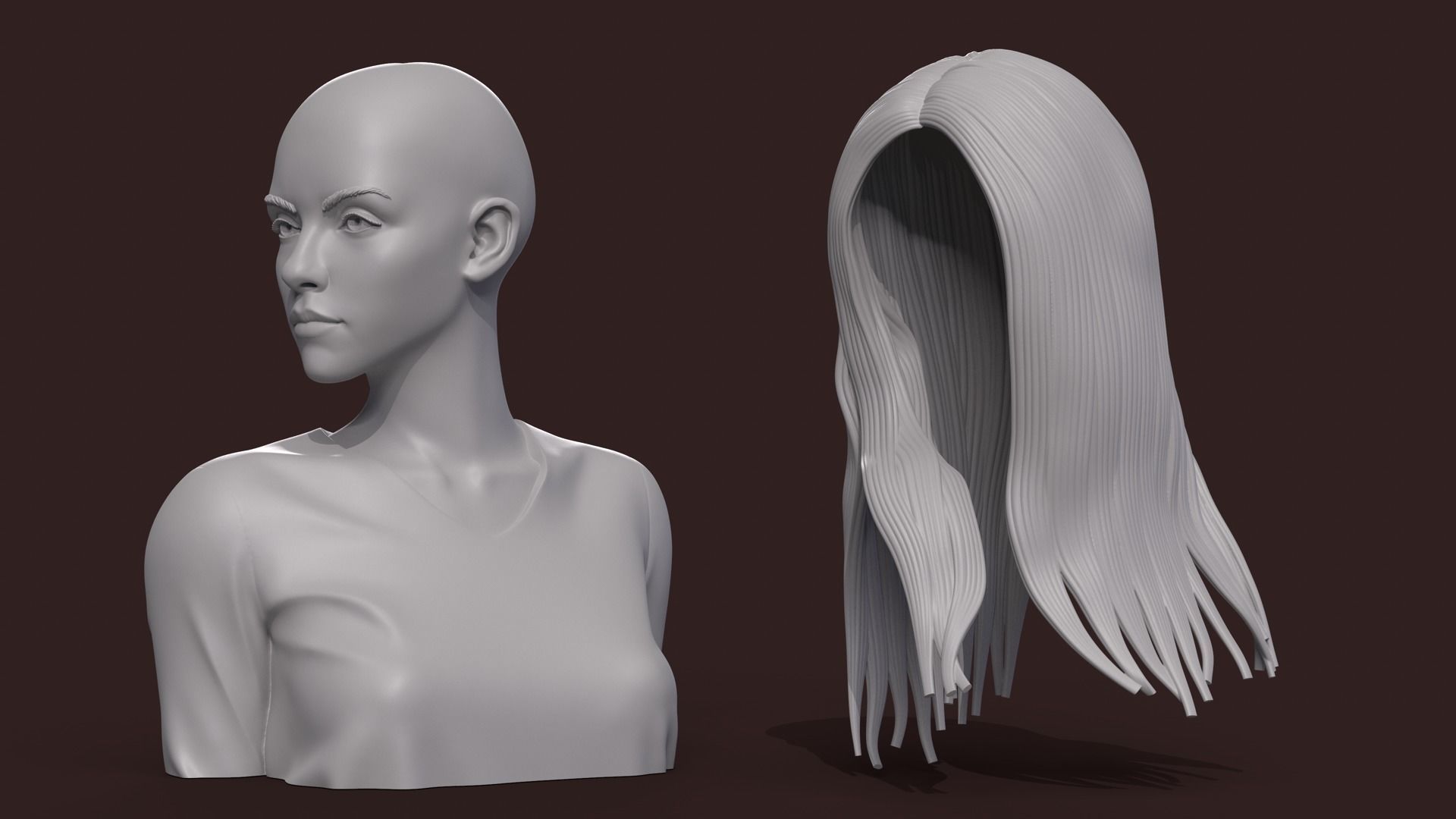 Girl E bust of woman with long hair 3D print model_13