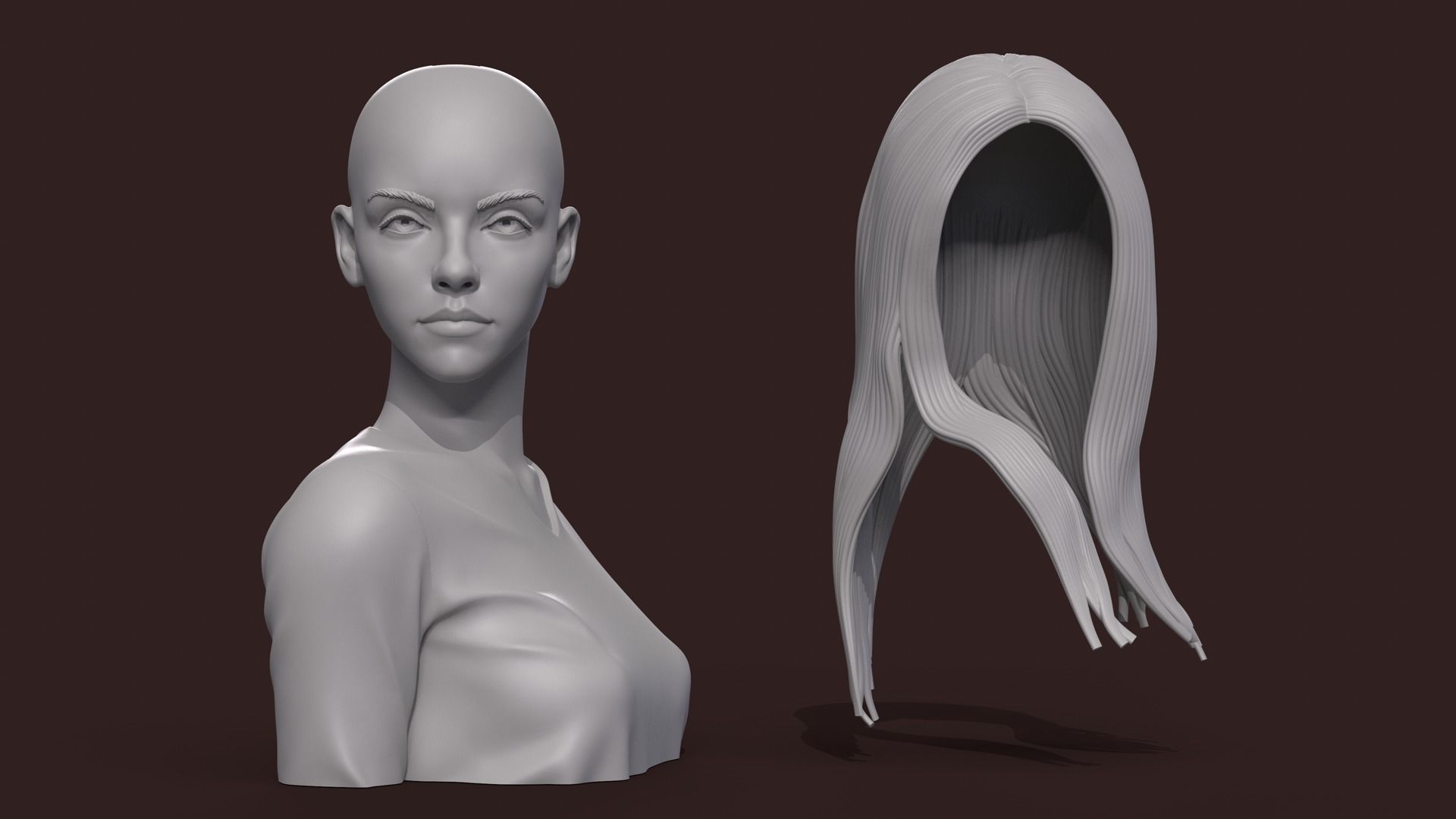 Girl E bust of woman with long hair 3D print model_12