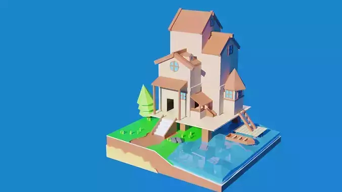 Low poly house and water 