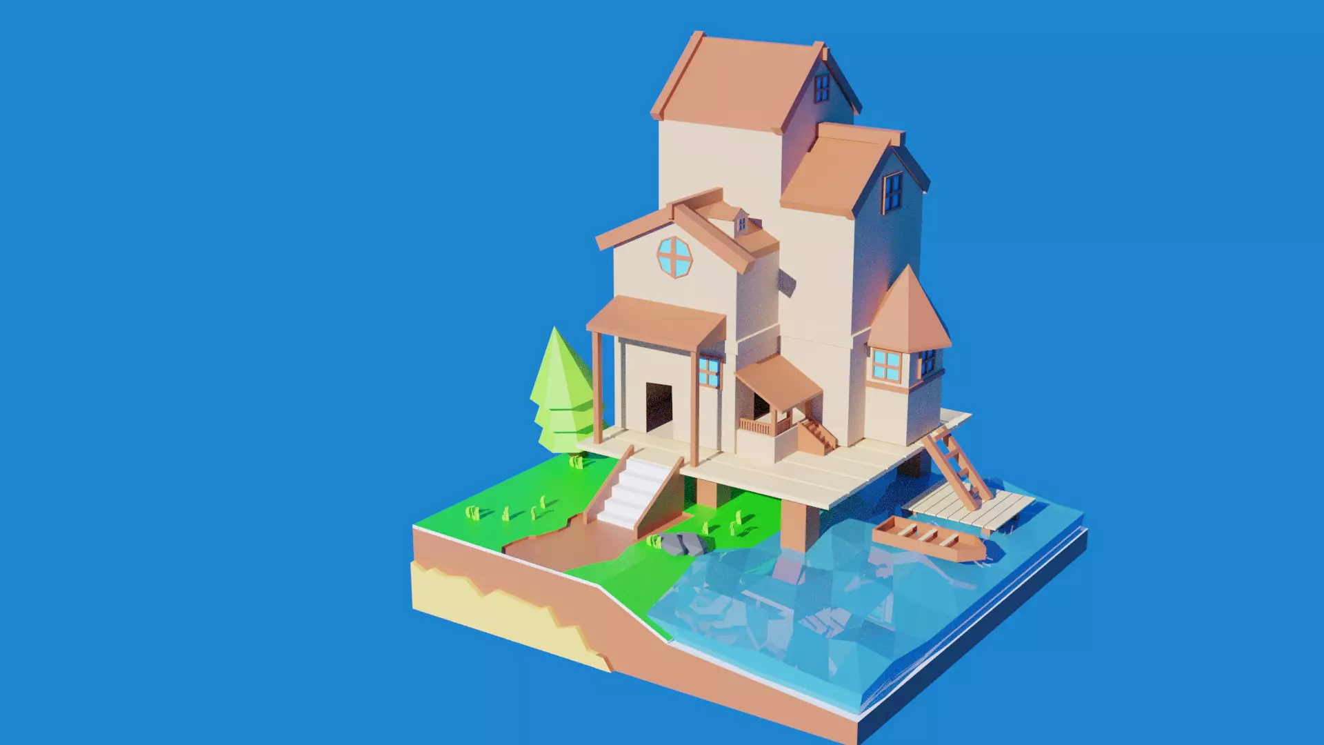 Low poly house and water  3D model_0