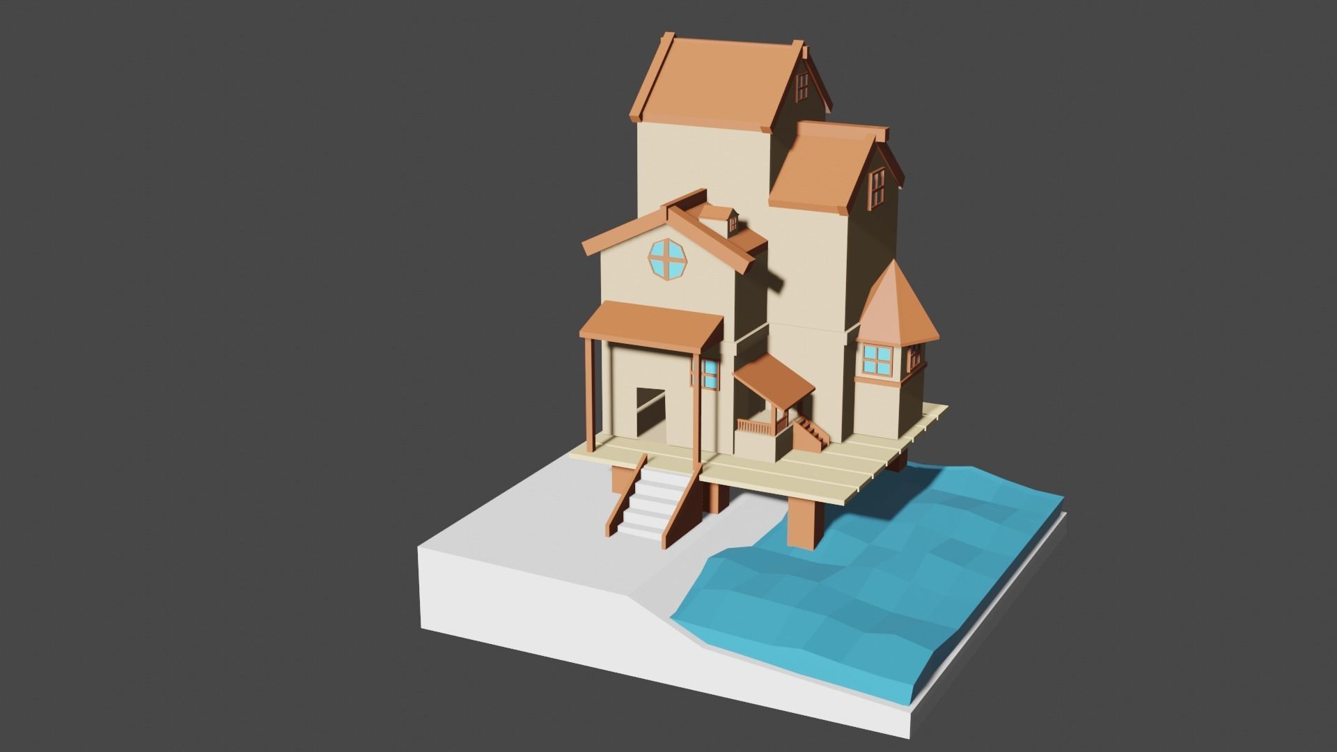 Low poly house and water  3D model_2