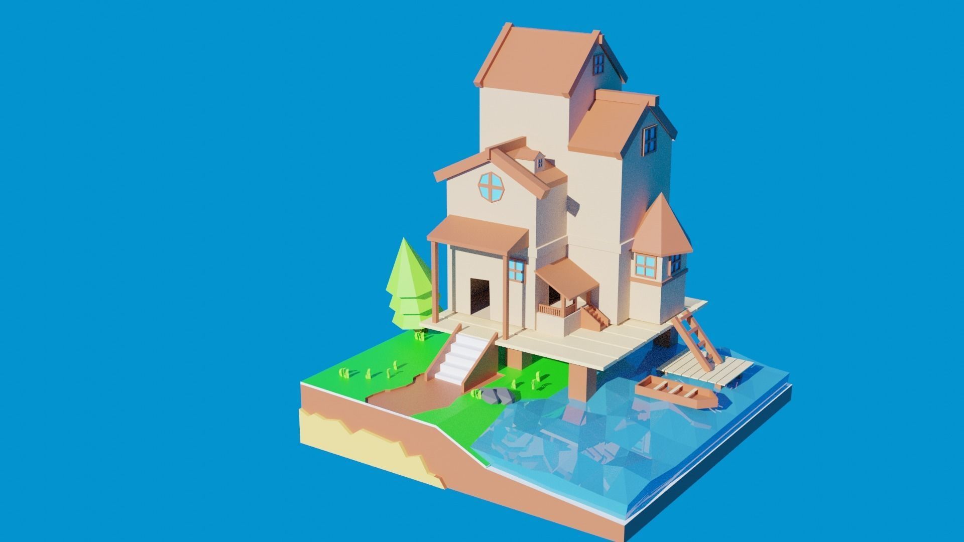 Low poly house and water  3D model_6