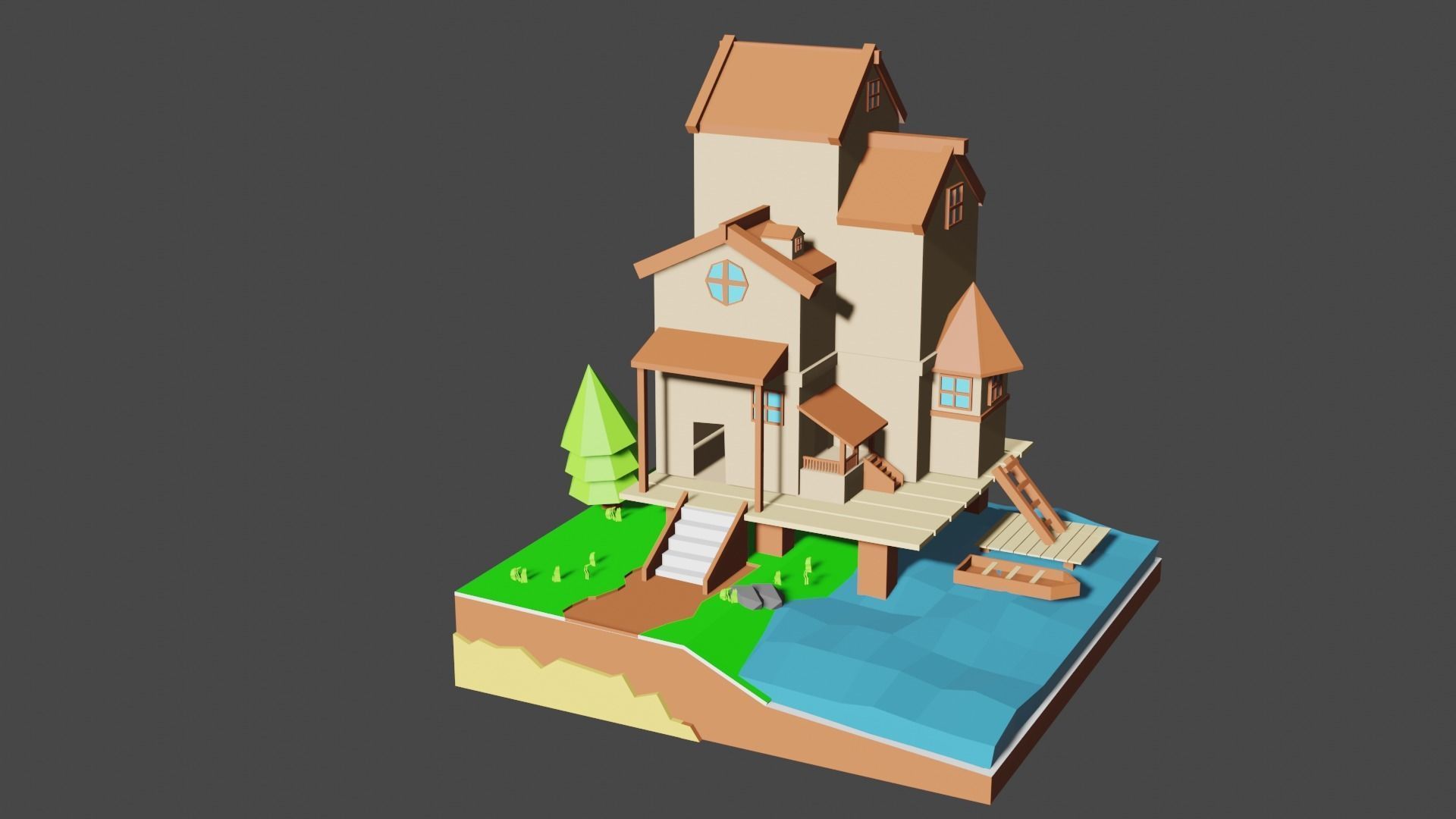 Low poly house and water  3D model_5