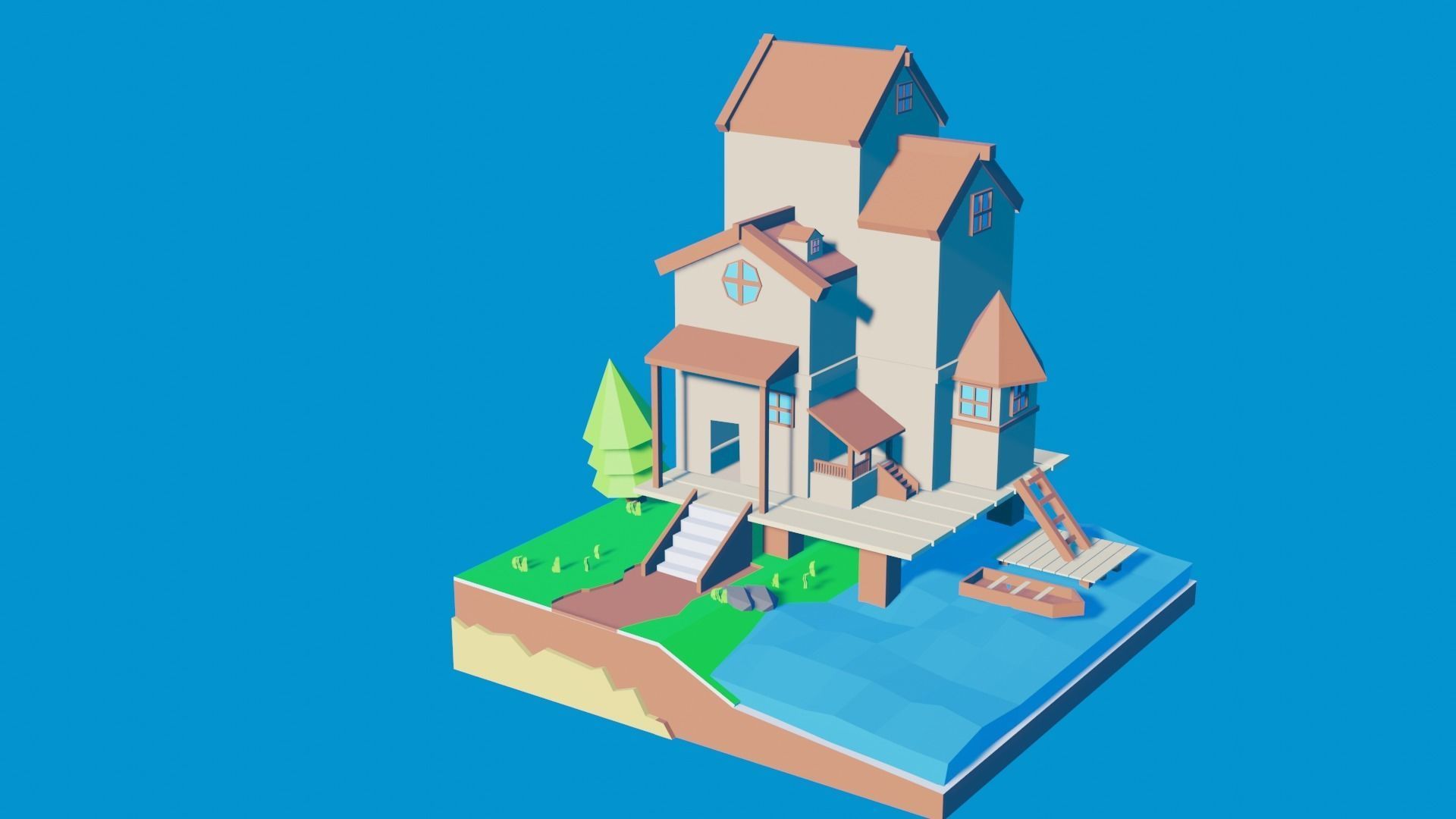 Low poly house and water  3D model_7