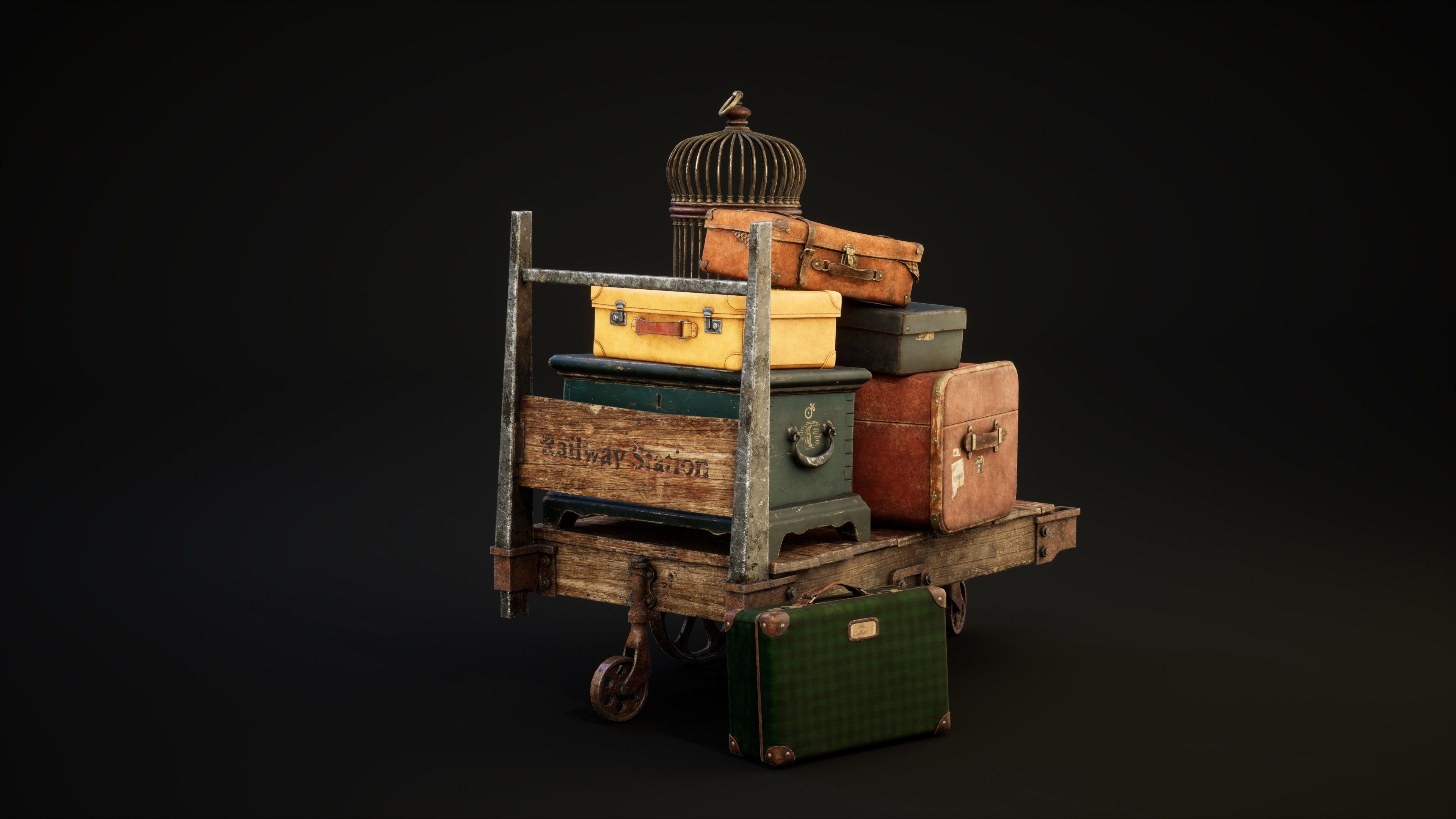 Magic cart with luggage Low-poly 3D model_2
