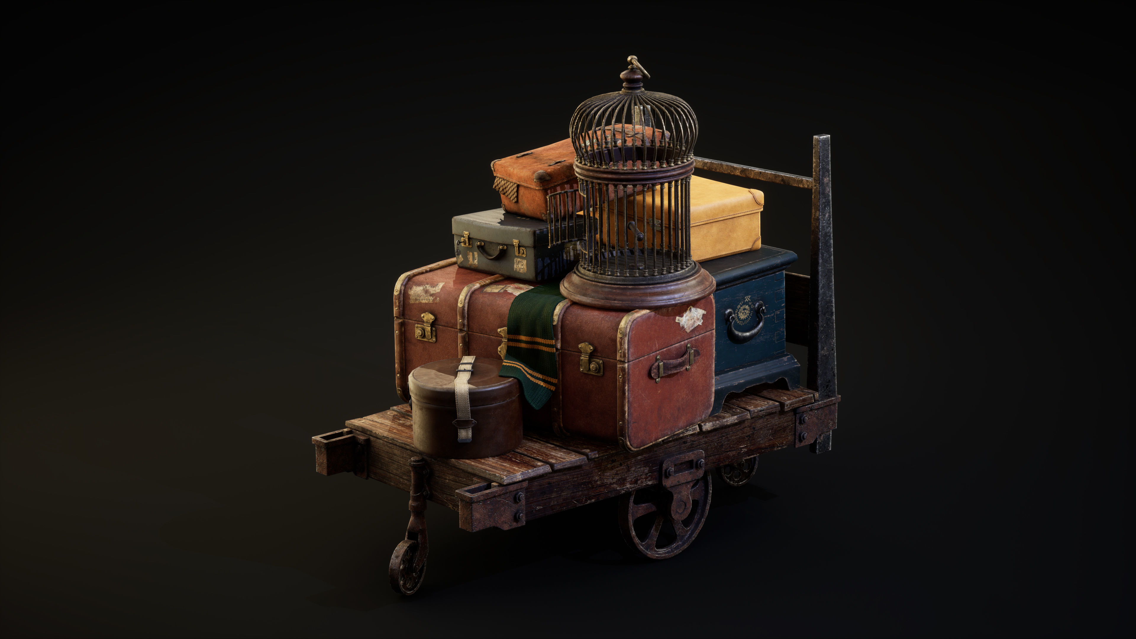 Magic cart with luggage Low-poly 3D model_4