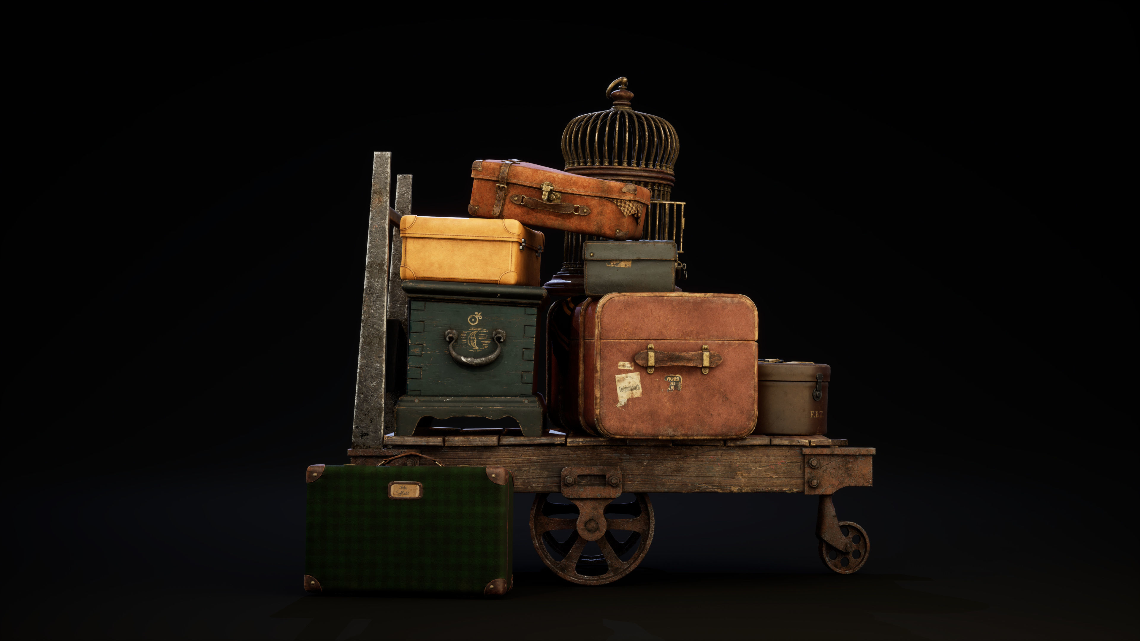 Magic cart with luggage Low-poly 3D model_1