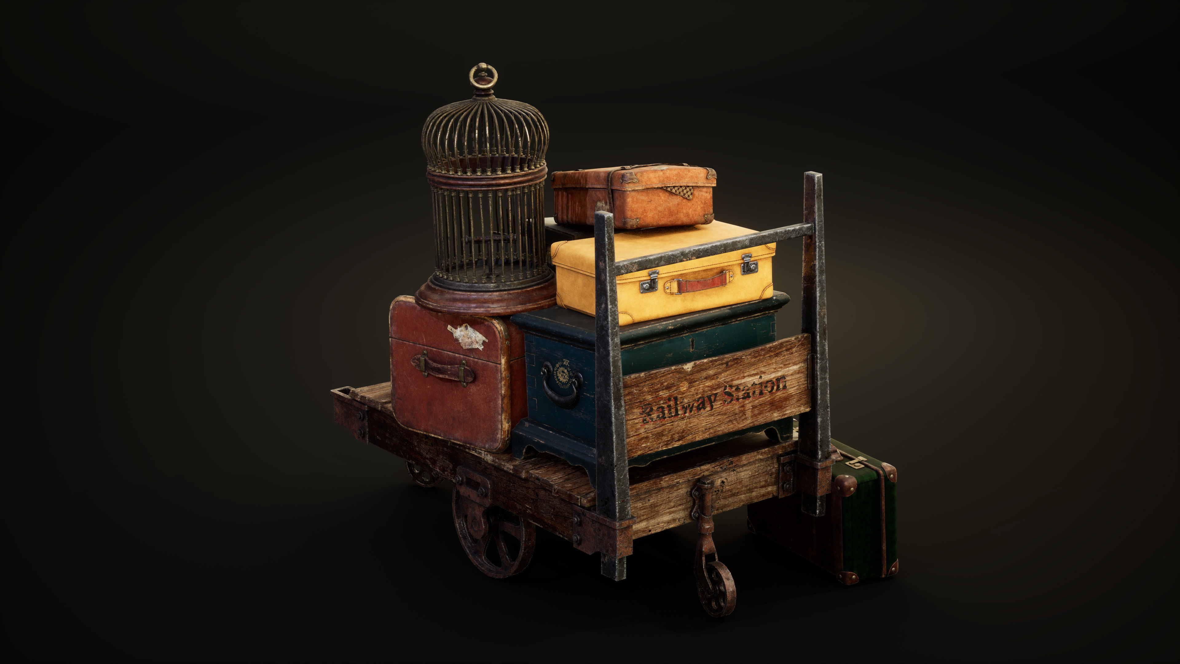 Magic cart with luggage Low-poly 3D model_3
