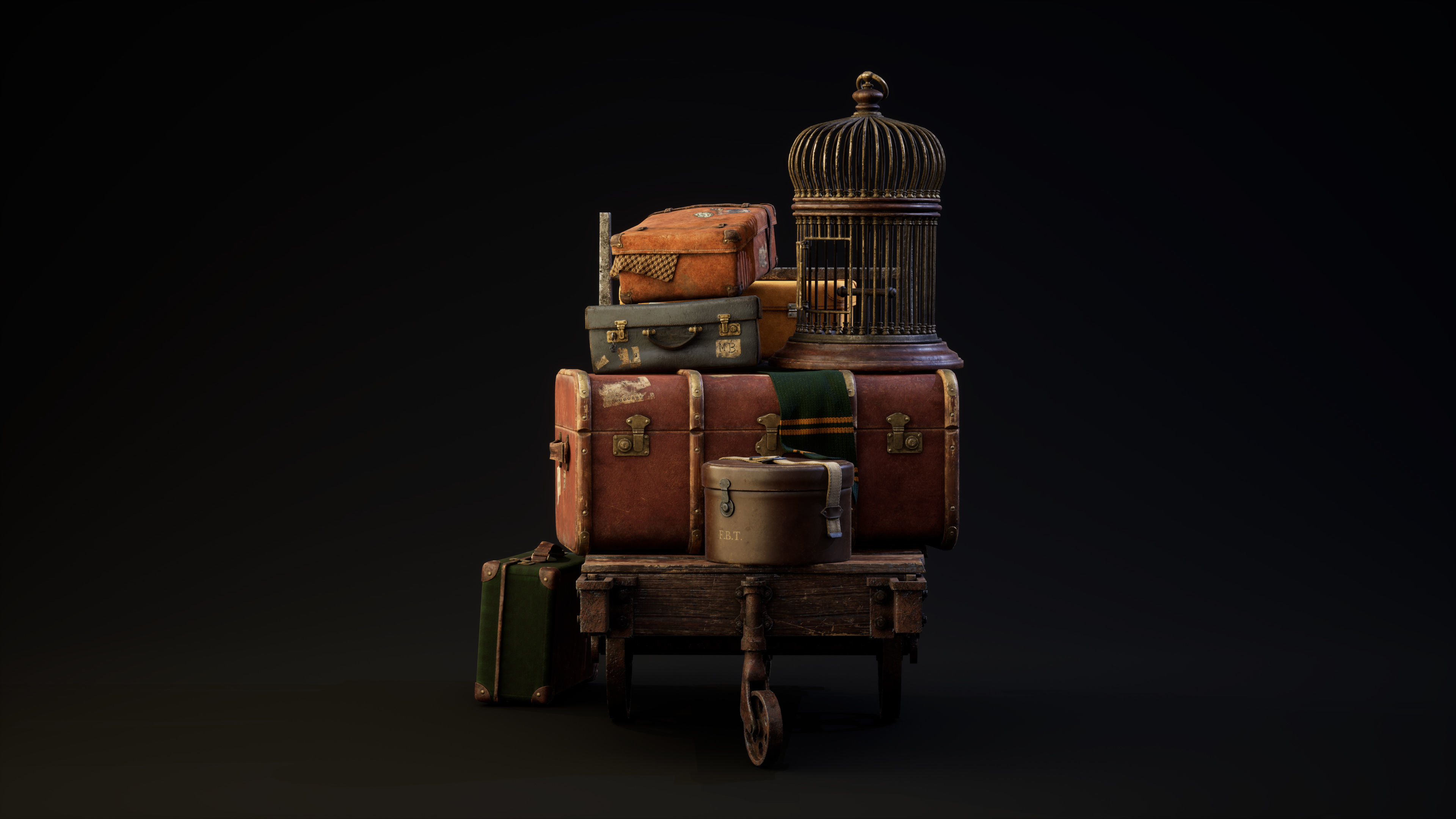 Magic cart with luggage Low-poly 3D model_5