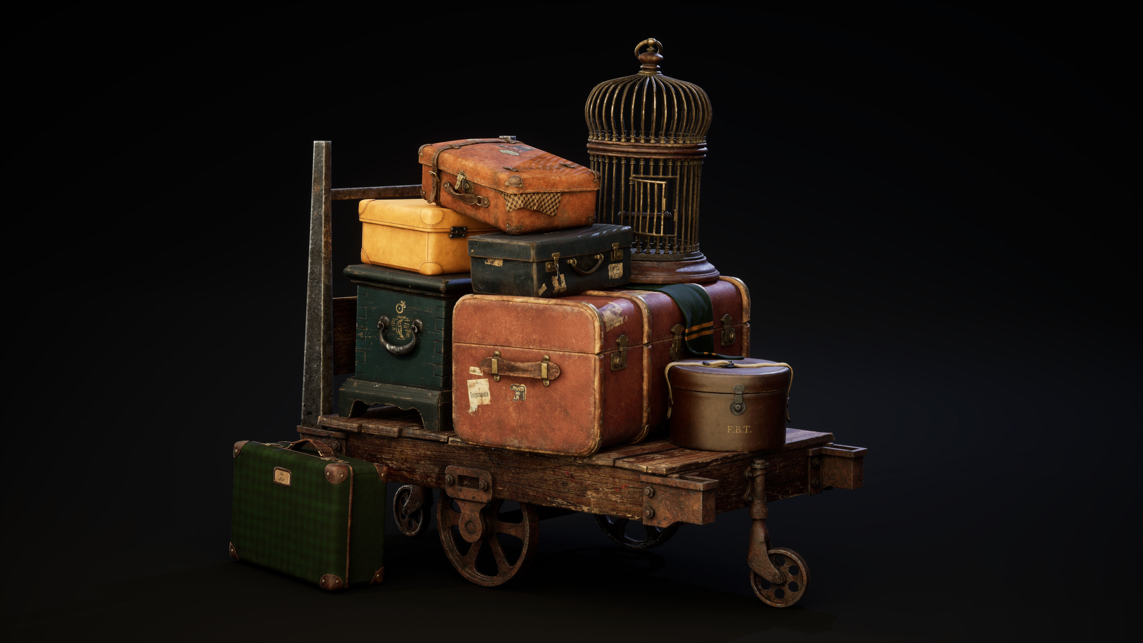 Magic cart with luggage Low-poly 3D model_0