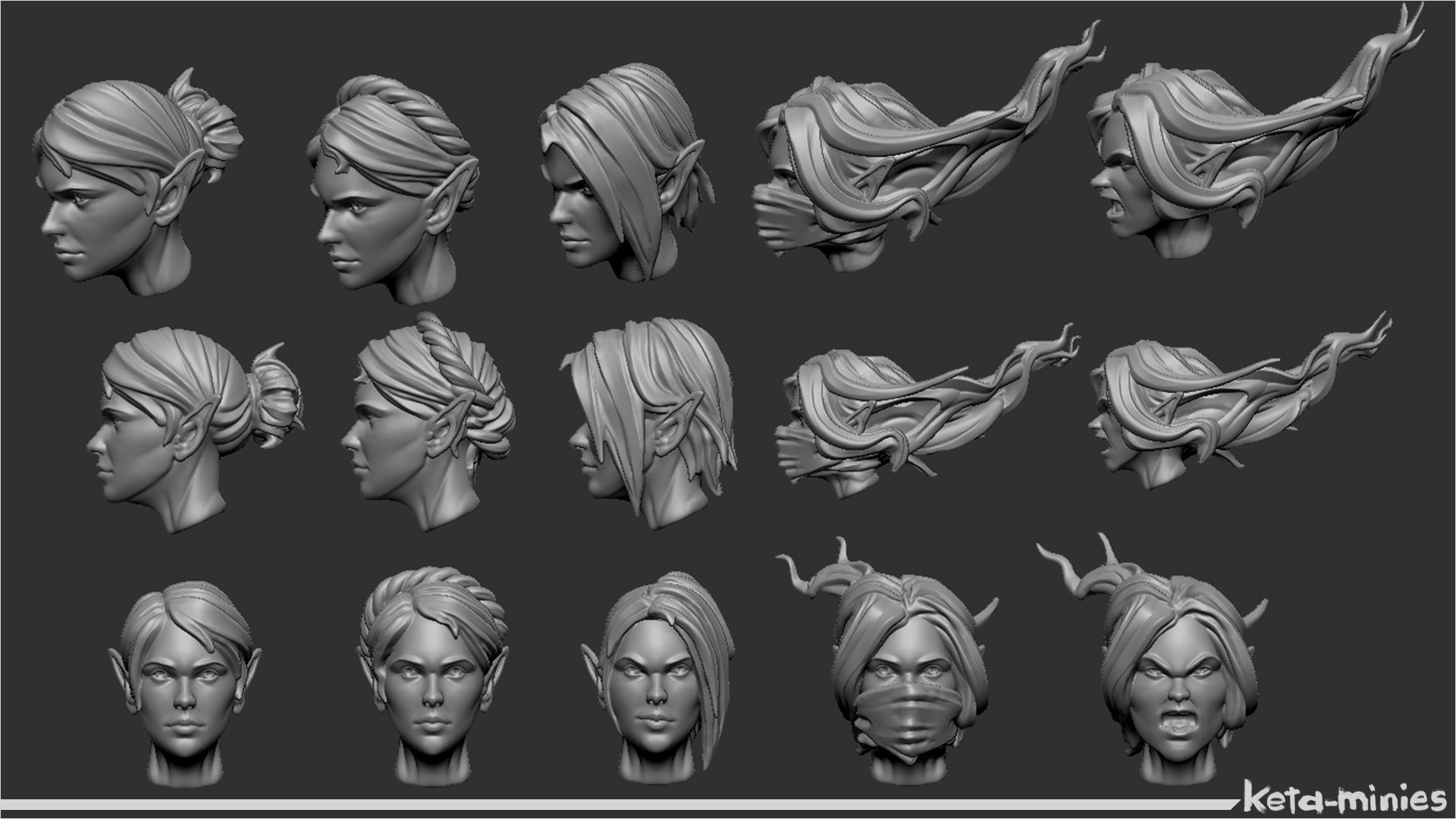 Alternatives females heads pack 28mm  -human and elves- 3D print model_1