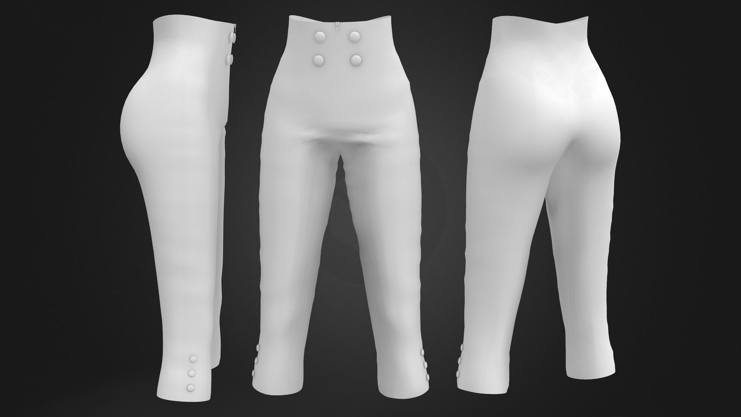 High Waist Double Buttons Capri Pants Low-poly 3D model_5