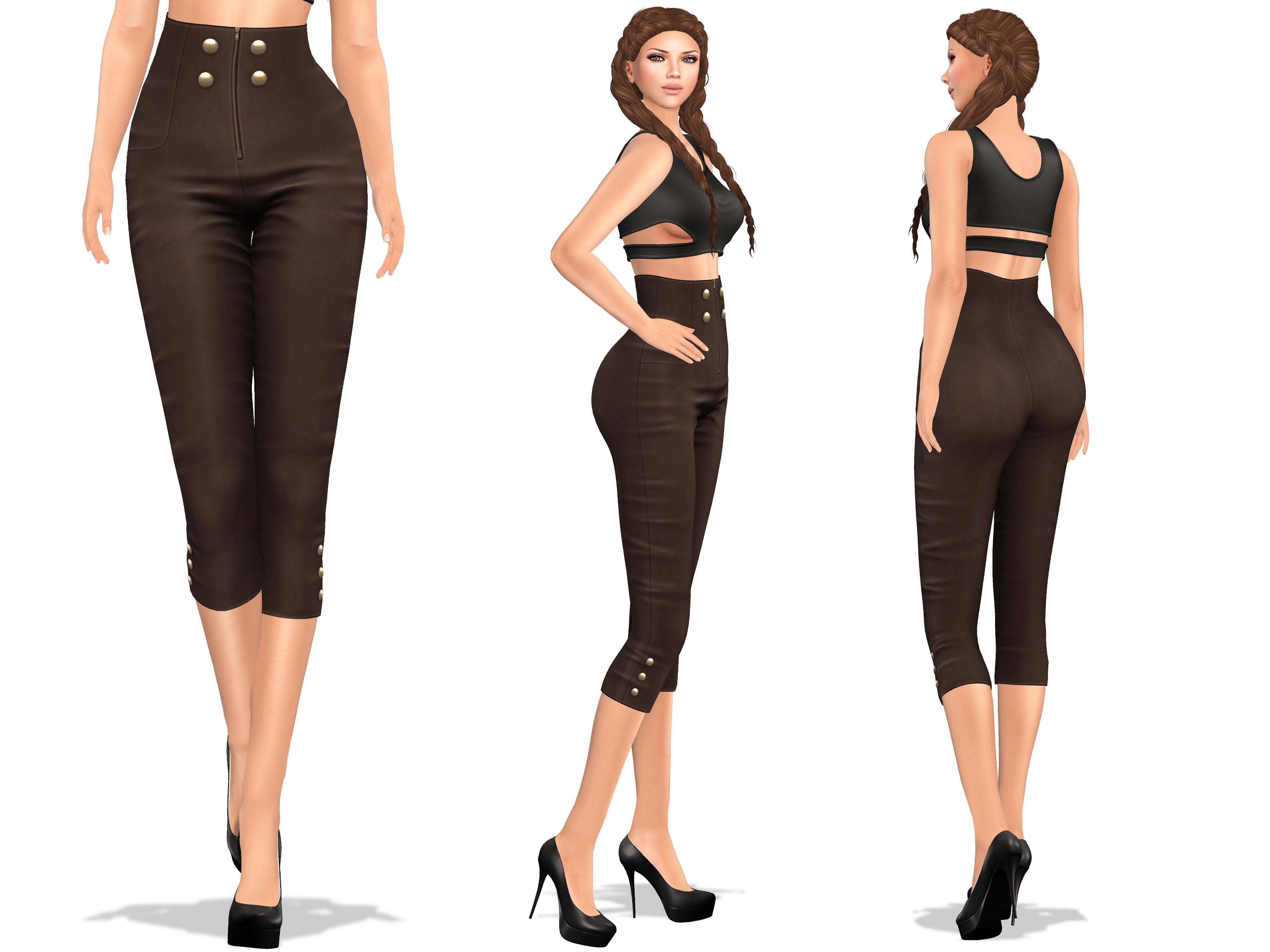 High Waist Double Buttons Capri Pants Low-poly 3D model_2